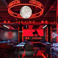 Industrial Style Bar Interior With Red Neon Lights And Moon Decor