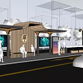 Modern Bus Stop With Wooden Structure Benches Digital Screens And Yellow Sports Car