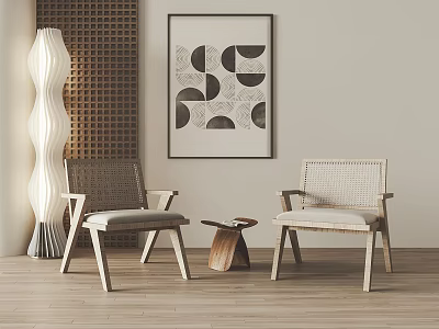 Modern Woven Chair and Table Set with Wooden Frame Geometric Art and Floor Lamp 3d model