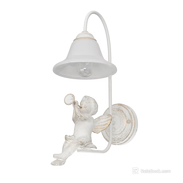 White Vintage Wall Lamp With Bell Shaped Shade And Cherub Decoration 3d model 