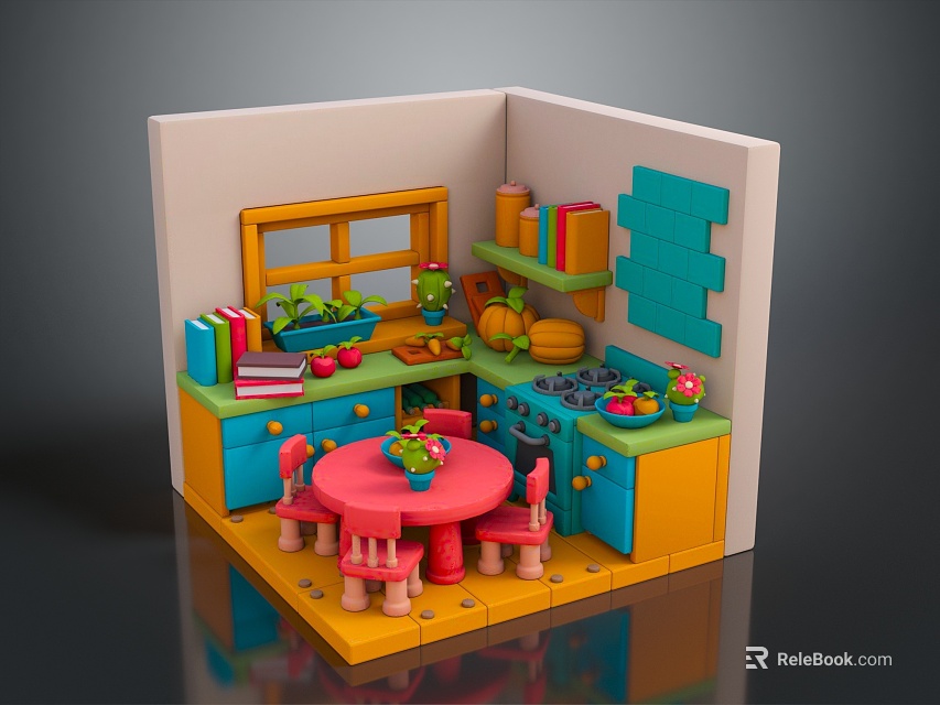Colorful Toy Kitchen Display With Red Table Chairs Shelves Fruits Vegetables And Potted Plant 3d model 