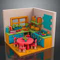 Colorful Toy Kitchen Display With Red Table Chairs Shelves Fruits Vegetables And Potted Plant
