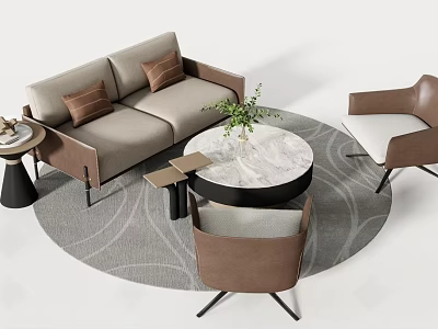 Light Gray Sofa Round Coffee Table Set With Brown Cushions Marble Top And Chairs 3d model