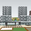 Modern Office Buildings Complex With Landscaped Gardens Plaza And Parking Areas