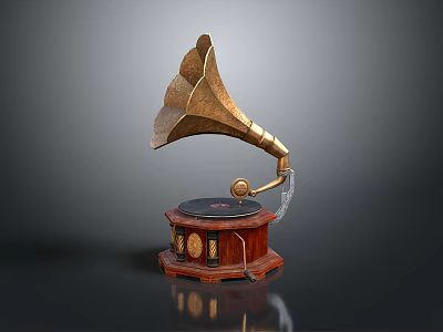 Vintage Gramophone With Decorative Brass Horn And Wooden Base Classic Design 3d model