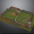 Fortress Courtyard Model Featuring Red Brick Walls Green Lawn Pathway and Tower