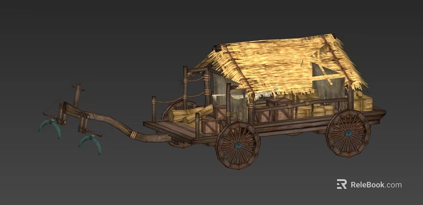 Vintage Wooden Wagon With Thatch Roof Wooden Wheels And Straw Filled Interior 3d model 