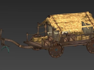 Vintage Wooden Wagon With Thatch Roof Wooden Wheels And Straw Filled Interior 3d model