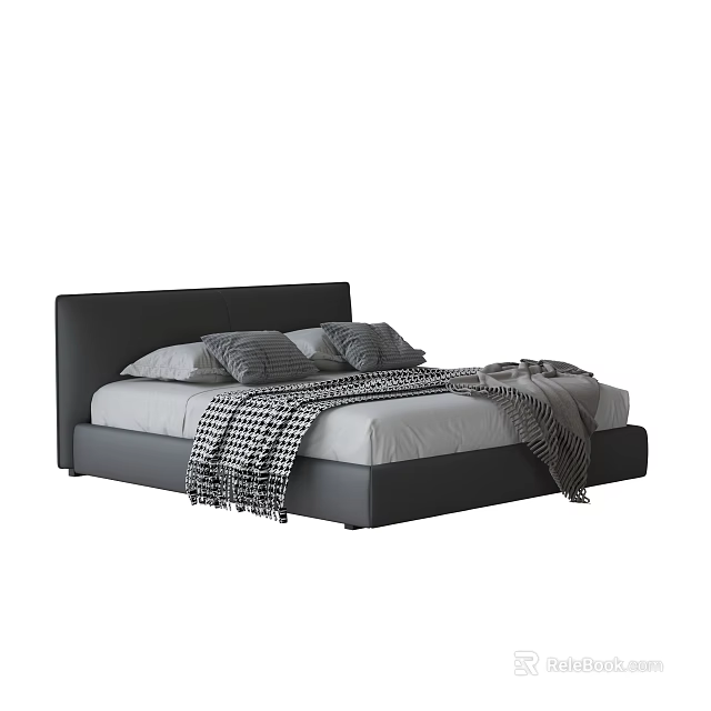 Modern Double Bed with Black Headboard Gray Pillows and Checkered Blanket 3d model