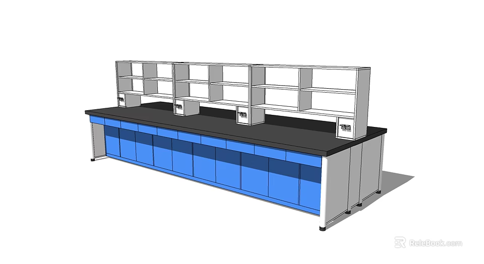 Functional Workbench With Black Countertop Blue Cabinets And Upper Shelves 3d model