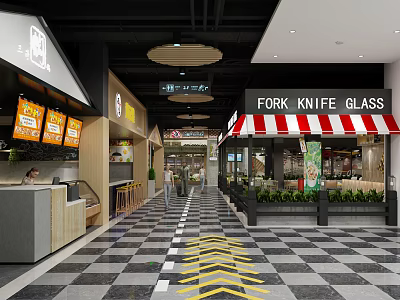 Modern Restaurant Space with Fork Knife Glass Sign Red White Striped Awning and Checkered Floor 3d model