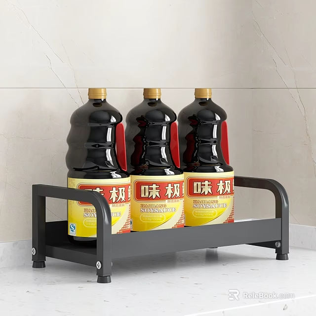 Three Black Condiment Bottles with Yellow Labels on Kitchen Storage Rack 3d model