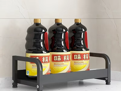 Three Black Condiment Bottles with Yellow Labels on Kitchen Storage Rack 3d model