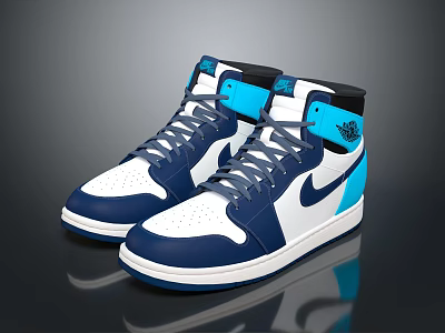 High Top Blue White Sneakers With Light Blue Accents Logo On Tongue Collar White Sole 3d model