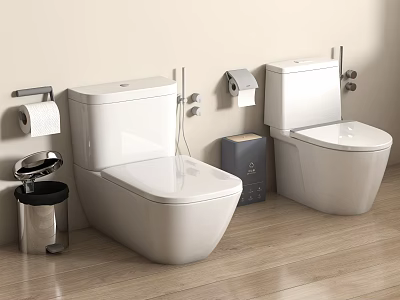 White Modern Toilets In Bathroom With Toilet Paper Holder Trash Can And Wooden Floor 3d model