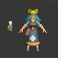 3D Cartoon Game Character With Blue Hair Yellow Cat Ear Hat Blue Dress White Cross