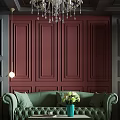Elegant Living Room Interior With Dark Ceiling Red Walls Green Sofa And Chandelier