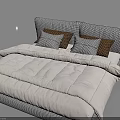 Double Bed With Gray Plaid Frame White Comforter And Checkered Pillows 3d model