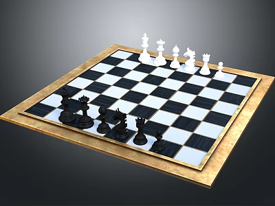 Chessboard Black And White Squares With Gold Border And Arranged Black White Chess Pieces 3d model