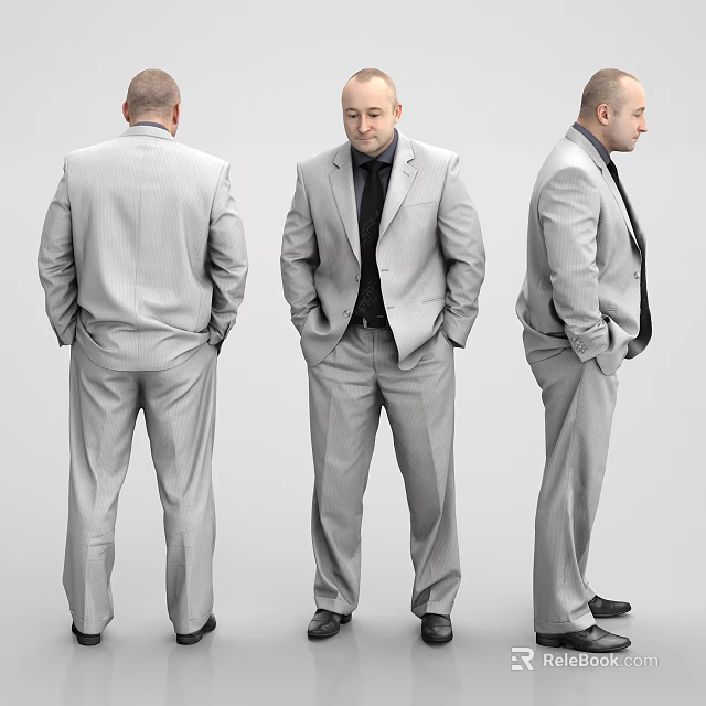Man In Gray Striped Suit Black Shirt Tie Standing With Hands In Pockets Different Angles 3d model 