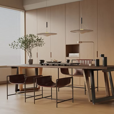 Modern Tea Room Interior Design With Wooden Tea Table Chairs Pendant Lights And Plant 3d model