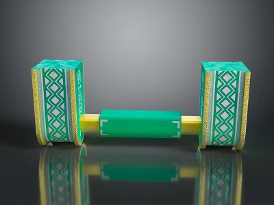Decorative Green Boxes With White Gold Geometric Patterns And Central Cylinder On Black Reflective Surface 3d model