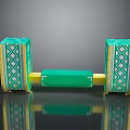 Decorative Green Boxes With White Gold Geometric Patterns And Central Cylinder On Black Reflective Surface