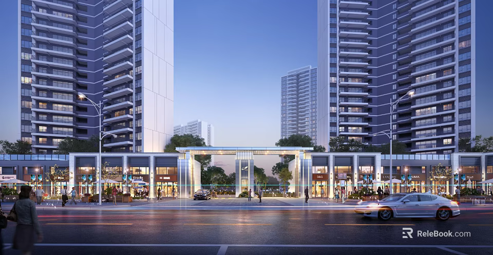 Modern Commercial Street With High Rise Buildings Shops Pedestrians And Vehicles 3d model 