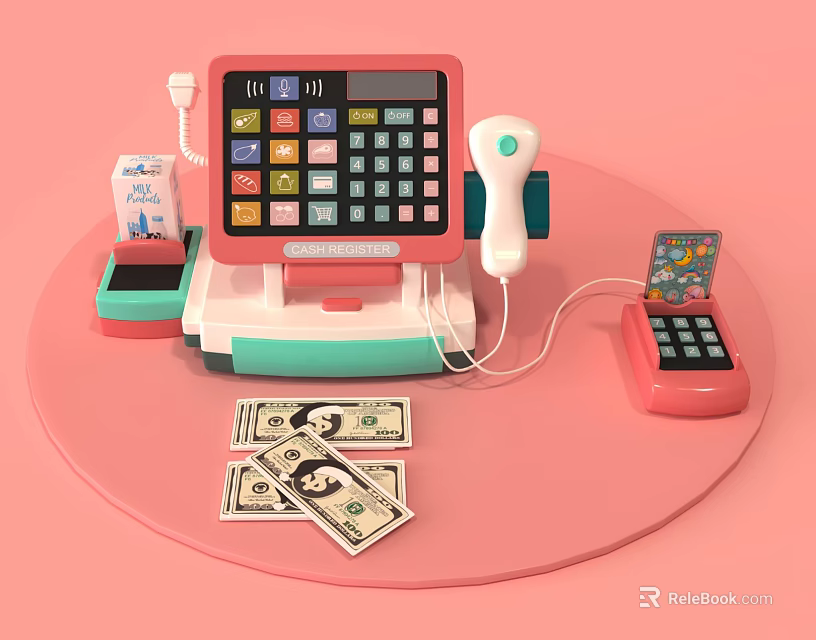 Commercial Cash Register Equipment With Barcode Scanner US Dollar Bills And POS Accessories 3d model 