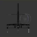 Mechanical Device Model With Blue Fan Blades Black Central Rod Metal Rings And Support Legs