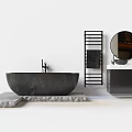 Modern Black Oval Stone Bathtub on Gray Stone Platform with Black Faucet