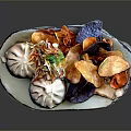 Vibrant Assorted Food Plate With Steamed Buns Purple Orange Chips And Fresh Salad