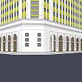 Modern Multi Story Office Building With Yellow White Facade Arched Entrance