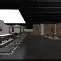 Modern Interior Display Space With Wooden Shelves Long Tables And Stone Decorative Floor