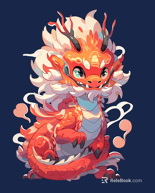 Cute Cartoon Dragon Sculpture With Red Orange Hue White Mane And Clouds Smoke 3d model 