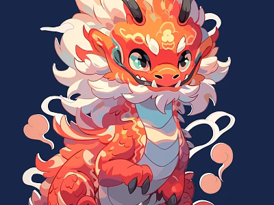 Cute Cartoon Dragon Sculpture With Red Orange Hue White Mane And Clouds Smoke 3d model