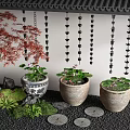 Serene Aquatic Garden with Red Maple Tree Ceramic Pots Moss and Water Lilies