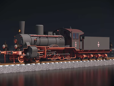 Vintage Steam Train With Black Body And Red Wheels On Railway Track 3d model
