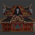 Cartoon Scene Chinese Style Red Building with Multi Layered Roof Animal Head Decorations Wooden Structure
