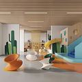 Vibrant Kindergarten Play Area With Colorful Slide Child Seats Green Plants And Bright Design