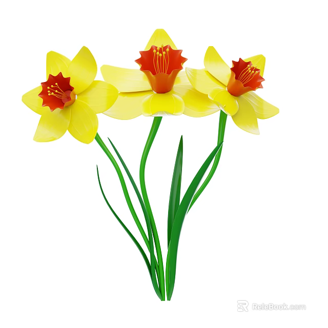 Bright Yellow Daffodils with Red Centers and Green Stems in Full Bloom 3d model 