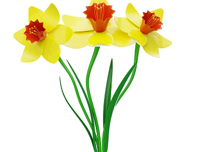 Bright Yellow Daffodils with Red Centers and Green Stems in Full Bloom 3d model