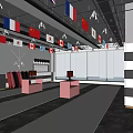 Modern Lounge Area With International Flags Red Sofas Pink Tables And White Blinds