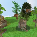Multiple Wooden Treehouse Villas on Green Grassland With Platforms and Trees