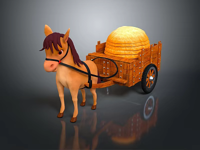 Horse Drawn Wooden Cart Carrying Large Hay Bales on Dark Surface 3d model