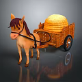 Horse Drawn Wooden Cart Carrying Large Hay Bales on Dark Surface