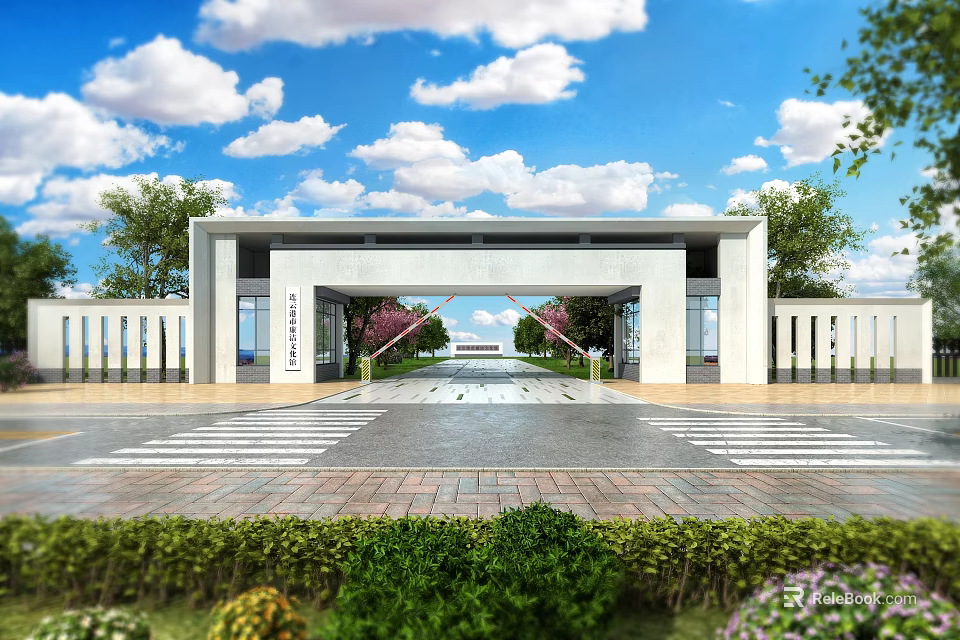 Entrance Gate With Spacious Paved Road Green Plants On Both Sides And Blue Sky 3d model 