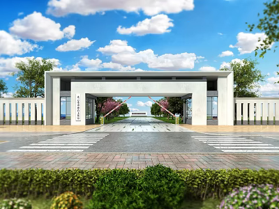 Entrance Gate With Spacious Paved Road Green Plants On Both Sides And Blue Sky 3d model