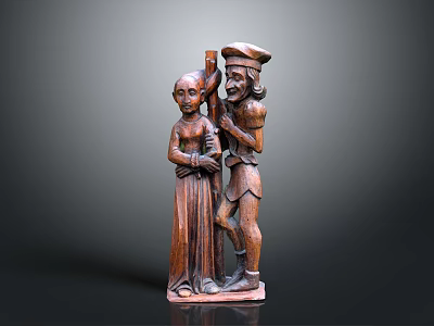 Traditional Wooden Carving Decorative Statue With Two Figures For Home Decor 3d model