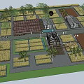 Garden Landscape Design Featuring Greenhouses Planting Beds Palm Trees and Paths